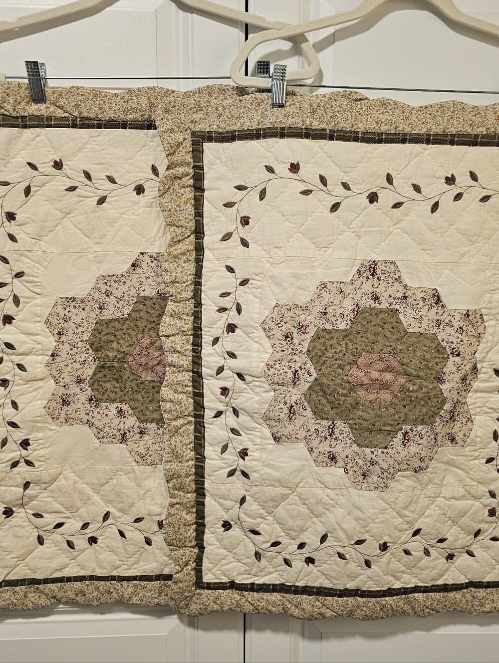 Vintage Peking Handicraft Quilted Pillow Shams Set 20×26×2"  Olive Purple Vines